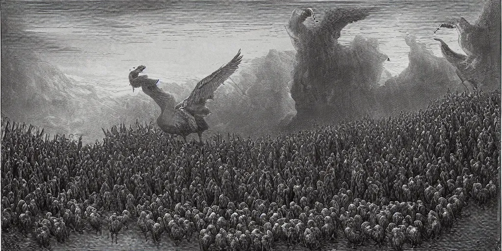 Image similar to angry geese guarding the gates of hell, art by gustave dore