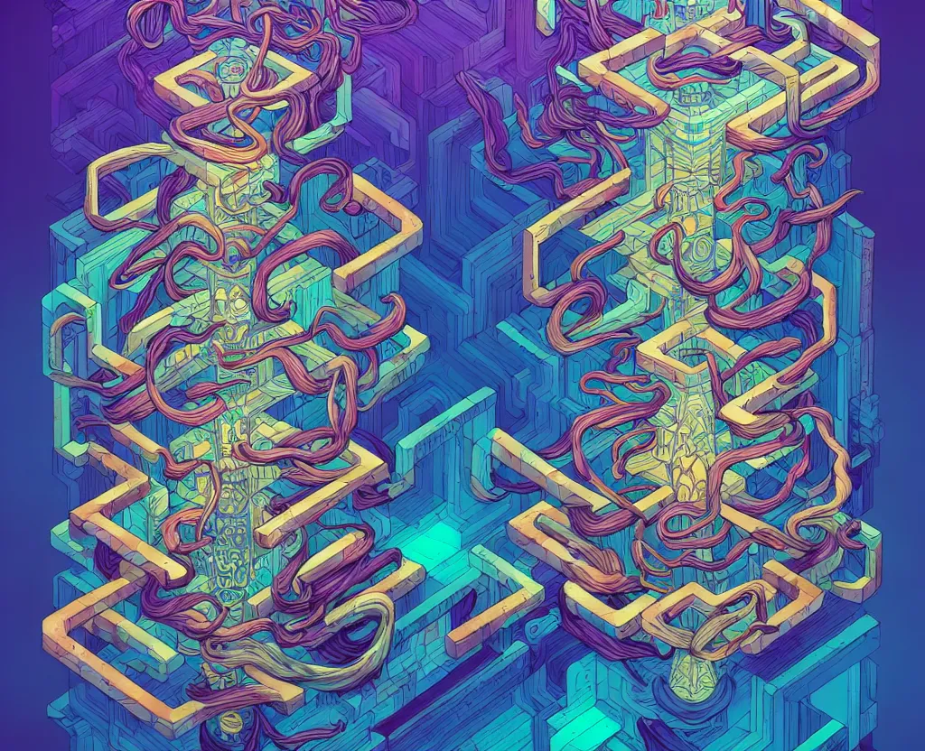 Image similar to arcane twisted turn of fate abstraction, centered award winning ink pen illustration, isometric abstract illustration by dan mumford, edited by craola, technical drawing by beeple and tooth wu, tiny details by artgerm and watercolor girl, symmetrically isometrically centered