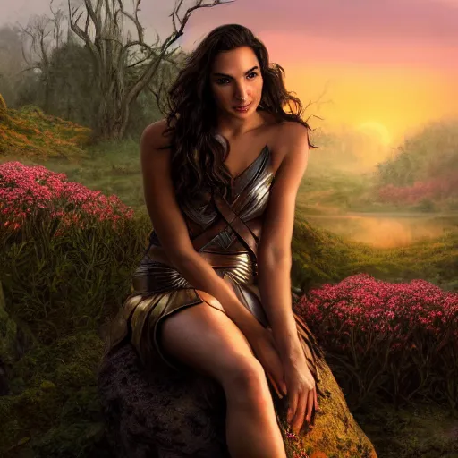 Image similar to Portrait of the beautiful woman Gal Gadot, she is posing, she has a crown of flowers, she is sitting on a rock in an ancient forest, there is fog, she is getting ulluminated by the rays of the sunset, the photo was taking by Steve McCurry, matte painting, oil painting, naturalism, 4k, 8k