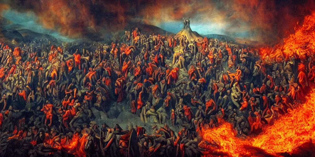 Image similar to kodak picture of dante's inferno, vivid color, saturated, realistic, cinematic, close shot