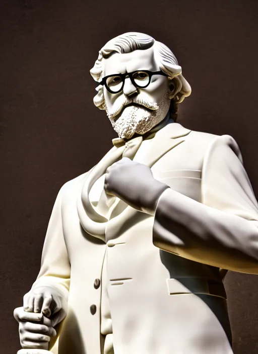 Prompt: colonel sanders as marble statue by michaelangelo, high lights, 4 k, high detailed photography, 5 0 mm lens, depth of field, cinematic