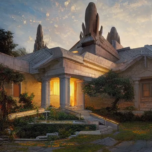 Image similar to STAR TREK house night time architecture designed in ancient Greece, (SFW) safe for work, photo realistic illustration by greg rutkowski, thomas kindkade, alphonse mucha, loish, norman rockwell