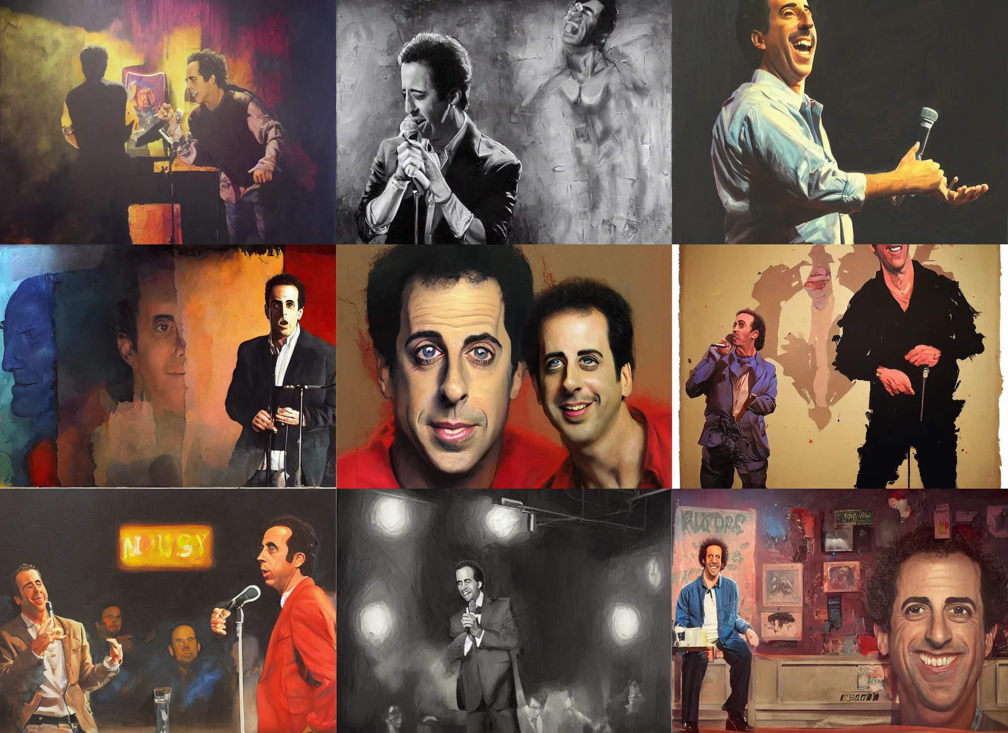 Image similar to a mixed media portrait painting of nineteen eighties jerry seinfeld on stage at a comedy club, hyperrealistic, detailed face, minimalist, by frank frazetta, greg rutkowski, christian macnevin, wlop, krenz cushart, epic fantasy character art, volumetric lighting, cgsociety, exquisite detail, masterpiece, cinematic