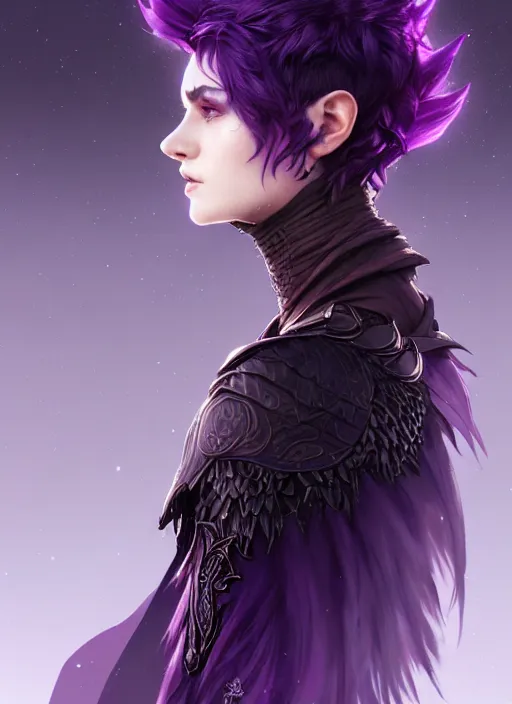 Image similar to side portrait crow, adventurer outfit large cloak, fantasy forest landscape, dragon scales, fantasy magic, undercut hairstyle, short purple black fade hair, dark light night, intricate, elegant, sharp focus, illustration, highly detailed, digital painting, concept art, matte, art by WLOP and Artgerm and Greg Rutkowski and Alphonse Mucha, masterpiece