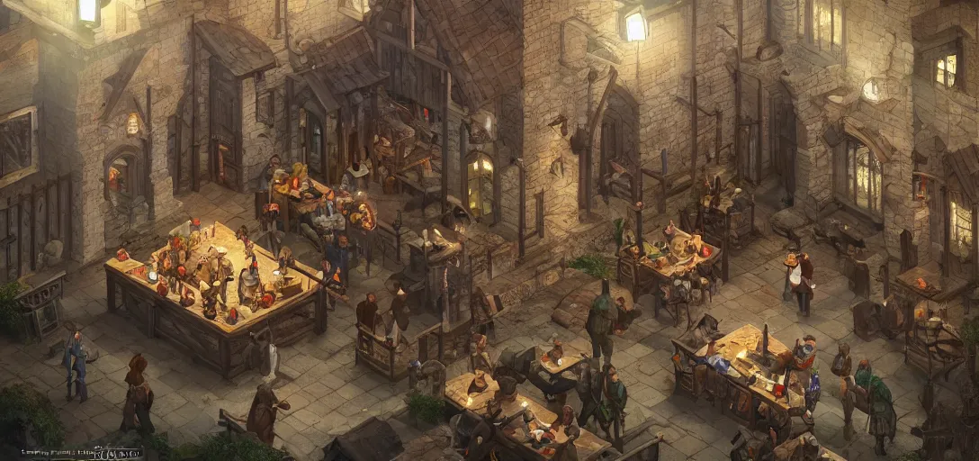 Image similar to game design, architecture, medieval tavern building, outside view, isometric view, game art, game dev, concept, extremely high detail, photo realistic, cinematic lighting, post processed, concept art, artstation, matte painting, style by eddie mendoza, raphael lacoste, alex ross