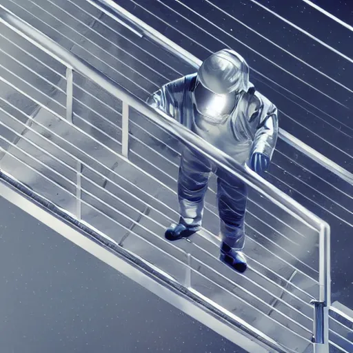 Image similar to mysterious man in silver space suit, walking on an industrial catwalk with stairs that lead nowhere, floating in deep space, 4 k photograph, isometric view