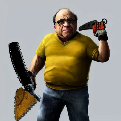 Image similar to hyperrealistic mixed media image of danny devito holding a chainsaw in gta v, stunning 3 d render inspired art by xiang duan and thomas eakes and greg rutkowski, perfect facial symmetry, hyper realistic texture, realistic, highly detailed attributes and atmosphere, dim volumetric cinematic lighting, 8 k octane detailed render, post - processing, masterpiece,