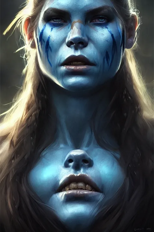 Prompt: portrait of a celtic feral berserker woman with blue warpaint, medium shot, portrait, concept art, natural lighting, illustration, full color, highly detailed, photorealistic, by greg rutkowski and artgerm, artstation,