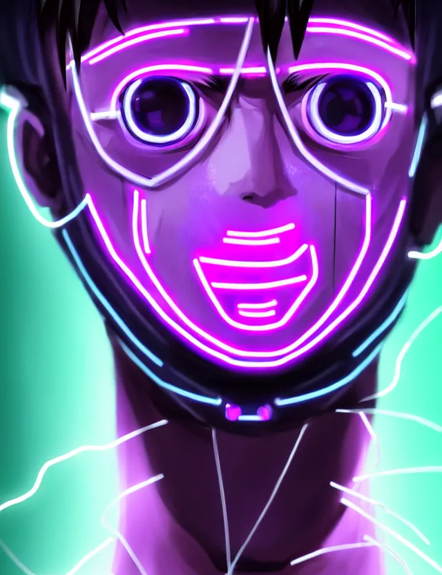 Image similar to a detailed manga portrait of a black haired man with a cybernetic body and face mask with glowing neon purple lights, trending on artstation, digital art, 4 k resolution, detailed, high quality, sharp focus, hq artwork, coherent, insane detail, character portrait