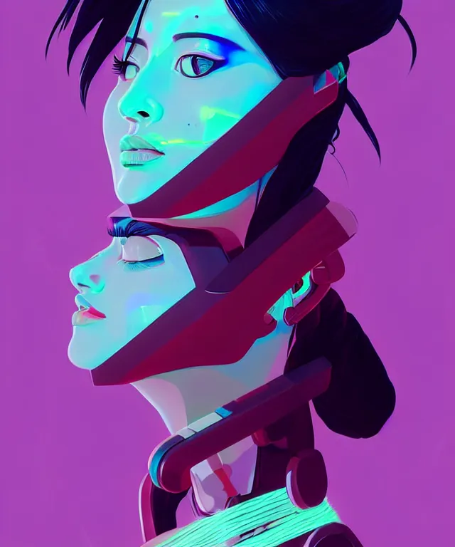 Image similar to beautiful portrait of momo from twice as a sci fi woman, with chaotic vaporwave aesthetic half human half robot, concept art by james gilleard, artstation, cgsociety, synchromism, 8 0 s animation flat cell shaded. with thick black pencil lines!!!!