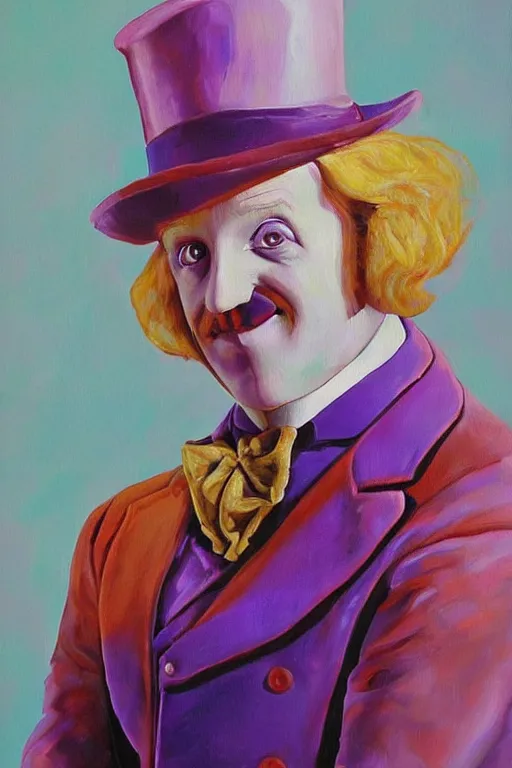 Prompt: Ibai Llanos dressed as Willy Wonka, highly detailed, oil on canvas