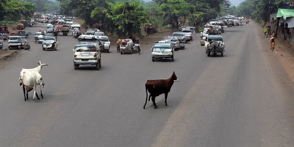 Prompt: car traffic in India caused by a cow in the middle of the road