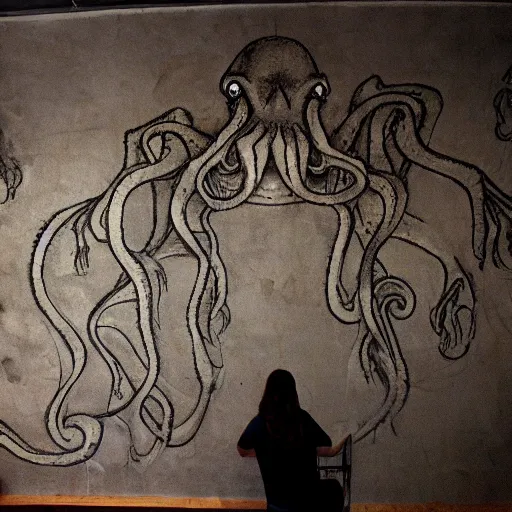 Prompt: an gigantic ancient cave drawing showing Cthulhu