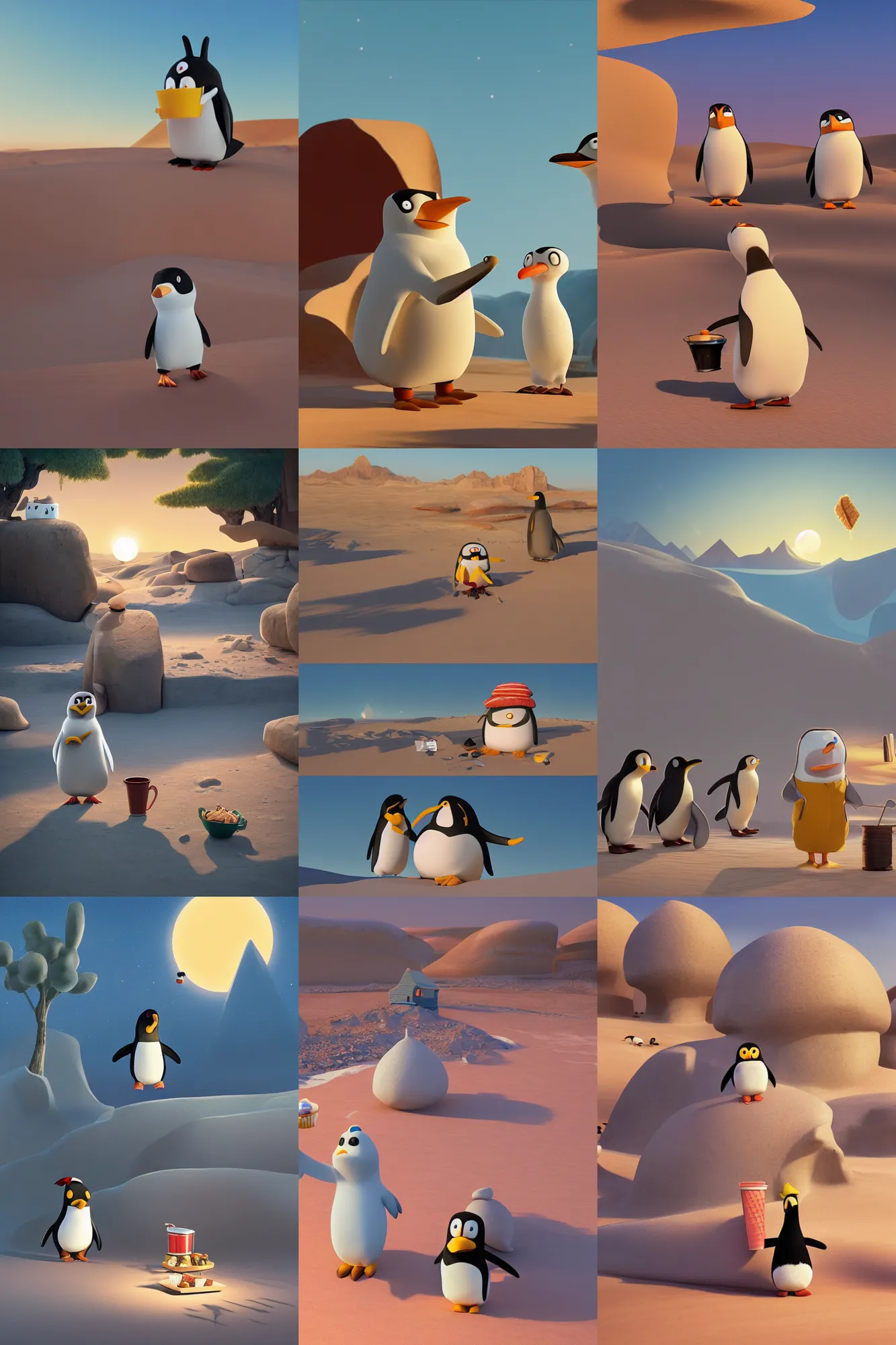 Prompt: a wholesome cottagecore illustration of a happy cartoon penguin ordering ice cream in the Egyptian desert, Pingu, studio Ghibli, Pixar and Disney animation, sharp, Rendered in Redshift and Unreal Engine 5 by Greg Rutkowski, Bloom, dramatic lighting, sunrise