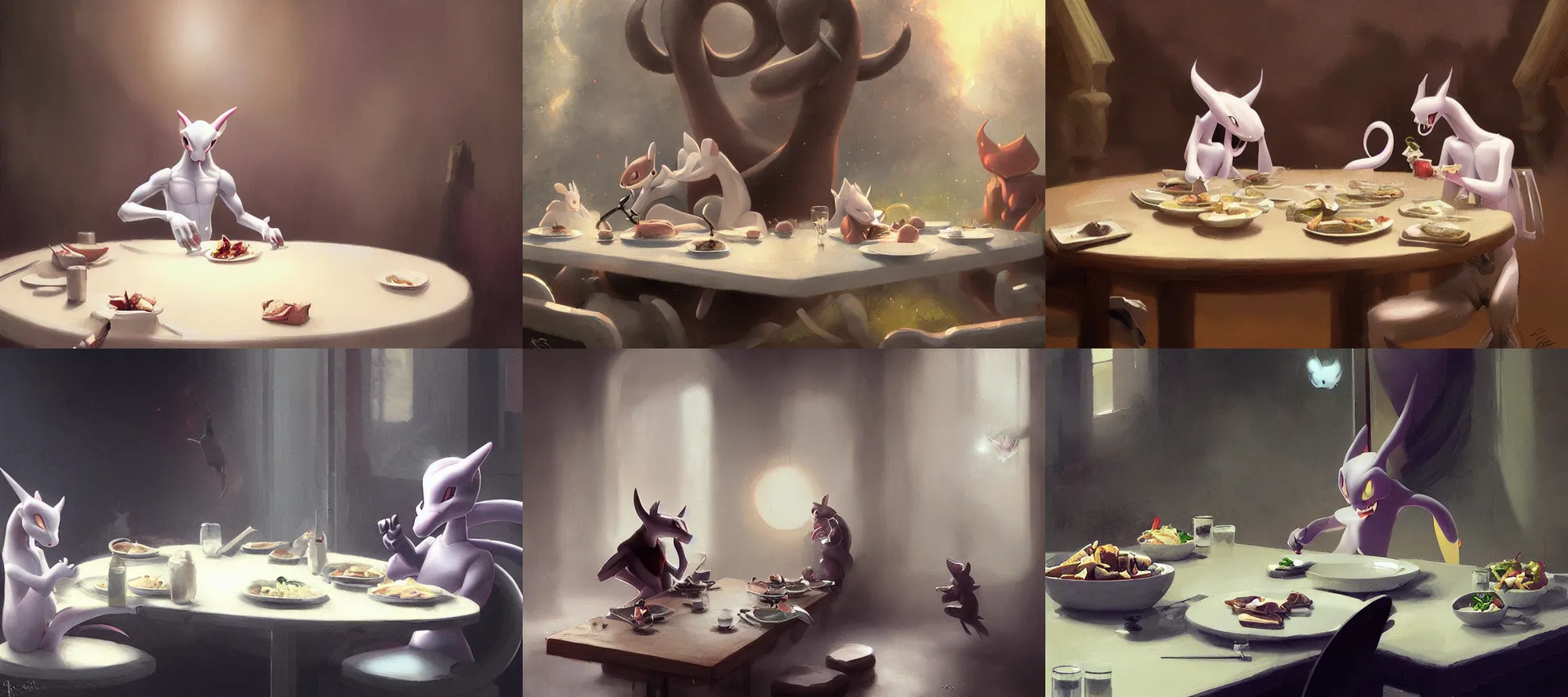 Prompt: mewtwo eating dinner at a table happiness is temporary by greg rutkowski