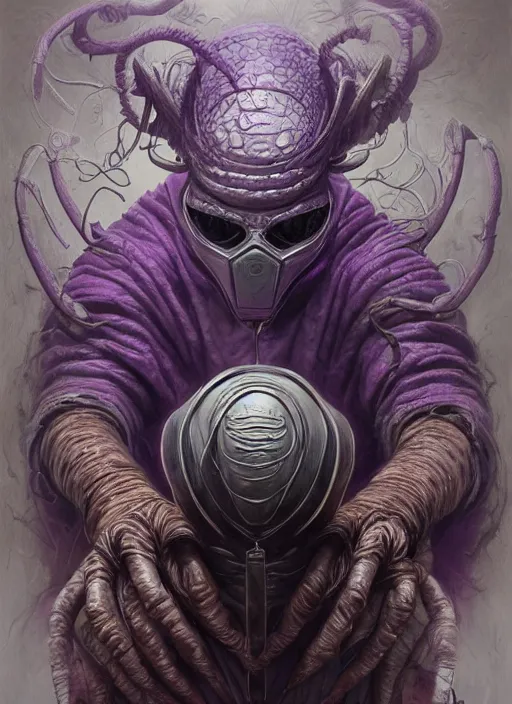 Prompt: mf doom reptile eyes, purple metallic skin. intricate, elegant, highly detailed, centered, digital painting, artstation, concept art, smooth, sharp focus, illustration, artgerm, tomasz alen kopera, peter mohrbacher, donato giancola, joseph christian leyendecker, wlop, frank frazetta