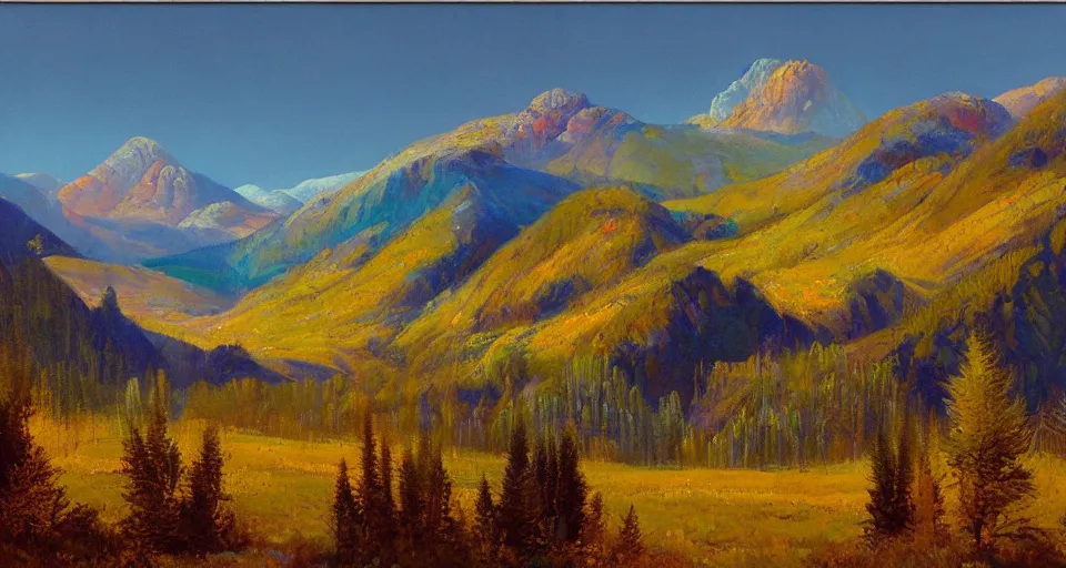 Image similar to Realist colorful impasto painting of the Salmon River mountains by John Harris, 4k scan, oil on canvas,