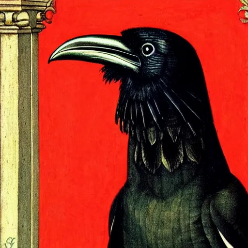 Image similar to a highly detailed portrait of a raven, wearing elegant tudor clothes, inside a room with thick red tapestries, by hans holbein and alessandro allori