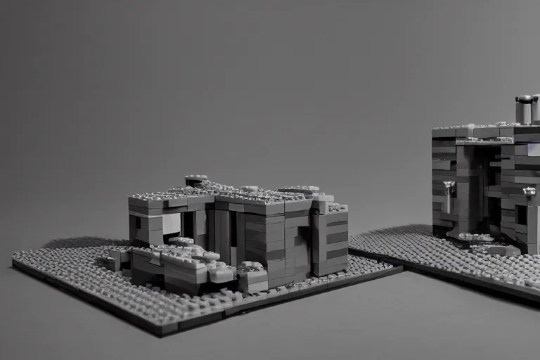 Image similar to Lego set of a brutalist building, studio photography, spotlight, low saturation