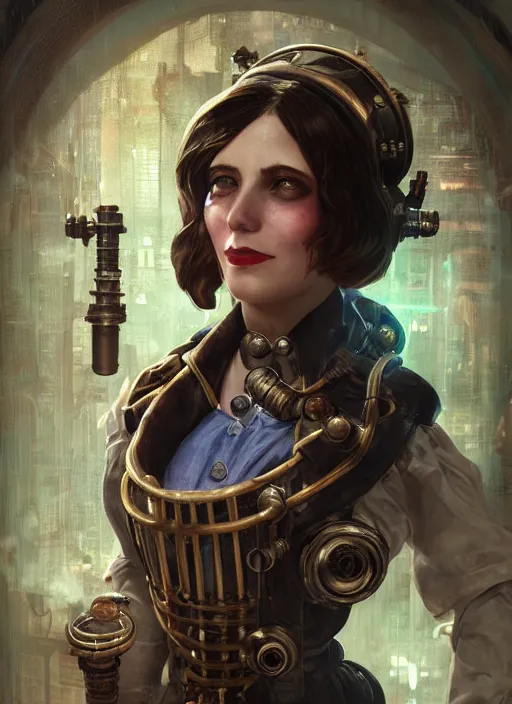 Prompt: Bioshock steampunk biopunk portrait, au naturel, hyper detailed, digital art, trending in artstation, cinematic lighting, studio quality, smooth render, unreal engine 5 rendered, octane rendered, art style by klimt and nixeu and ian sprigger and wlop and krenz cushart