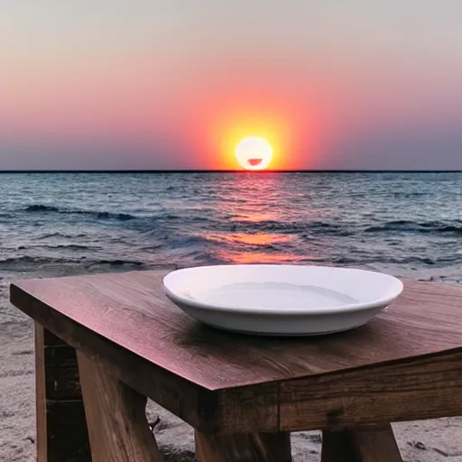Image similar to professional photo of empty white dish in the middle of a table with a sunset on the beach in the background