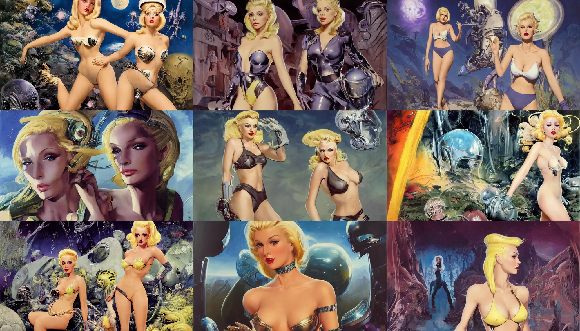 Prompt: A mixed media painting of a very beautiful blonde woman walking through an alien environment, elegant, aesthetic!!! symmetrical face and eyes, piercing gaze, eighties pinup style, photorealistic, curvy, model, futuristic bikini, 60's cartoon-glass-helmet, epic fantasy character art, full length, by Frank Frazetta, Donato Giancola, Boris Vallejo, Beeple, Greg Rutkowski, Christian MacNevin, high fantasy, prometheus, CGsociety, exquisite detail, post-processing, masterpiece, cinematic