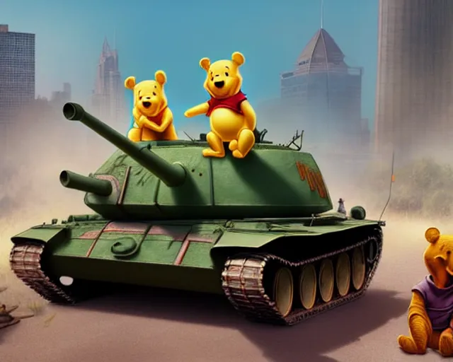 Image similar to winnie the pooh protesters sit down in front of tank at tiananman square, cute and cuddly, highly detailed, photorealistic, octane render, 8 k, unreal engine. art by artgerm and greg rutkowski and alphonse mucha