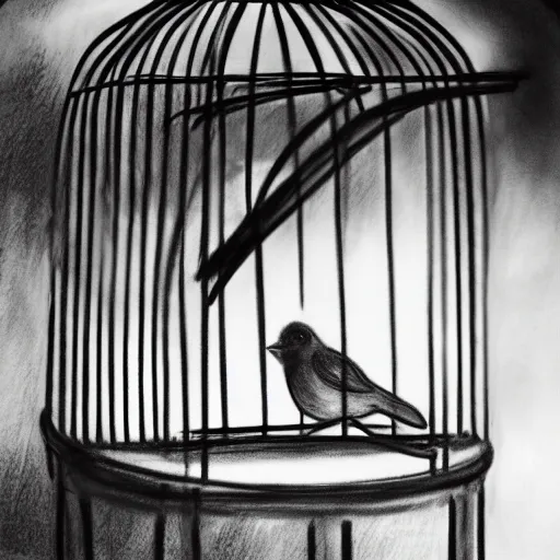 Image similar to a rough charcoal sketch of a bird inside a cage, black and white, 3 5 mm, long exposure