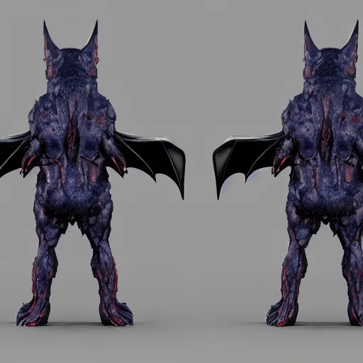 Image similar to front and back character view of scary giant mutant dark blue humanoid bat, glowing red eyes flying above a stormy ocean, sharp teeth, acid leaking from mouth, realistic, giant, bat ears, bat nose, bat claws, bat wings, furred, covered in soft fur, detailed, trending on artstation clean concept art and sheet that using unreal engine 5 render and hyper detailed 3D texture with cinematic software light 85mm f/1.4