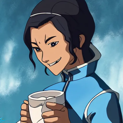 Image similar to Avatar korra drinking tea, digital art