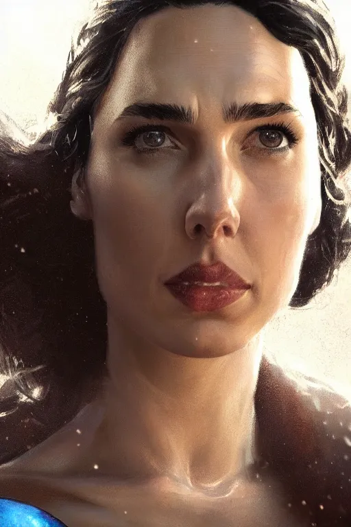 Image similar to a fancy portrait close up of Man of Steel cast as gal gadot by Greg Rutkowski, Sung Choi, Mitchell Mohrhauser, Maciej Kuciara, Johnson Ting, Maxim Verehin, Peter Konig, 8k photorealistic, cinematic lighting, HD, high details, dramatic, trending on artstation, full body shot