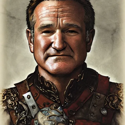 Image similar to an ultradetailed portrait of robin williams dressed as a fantasy rogue, sneaking in shadows of a dark alley, d & d, fantasy, intricate, elegant, highly detailed, digital painting, matte, sharp focus, illustration, plate armor, god rays, art by john collier and albert aublet and krenz cushart and artem demura and alphonse mucha