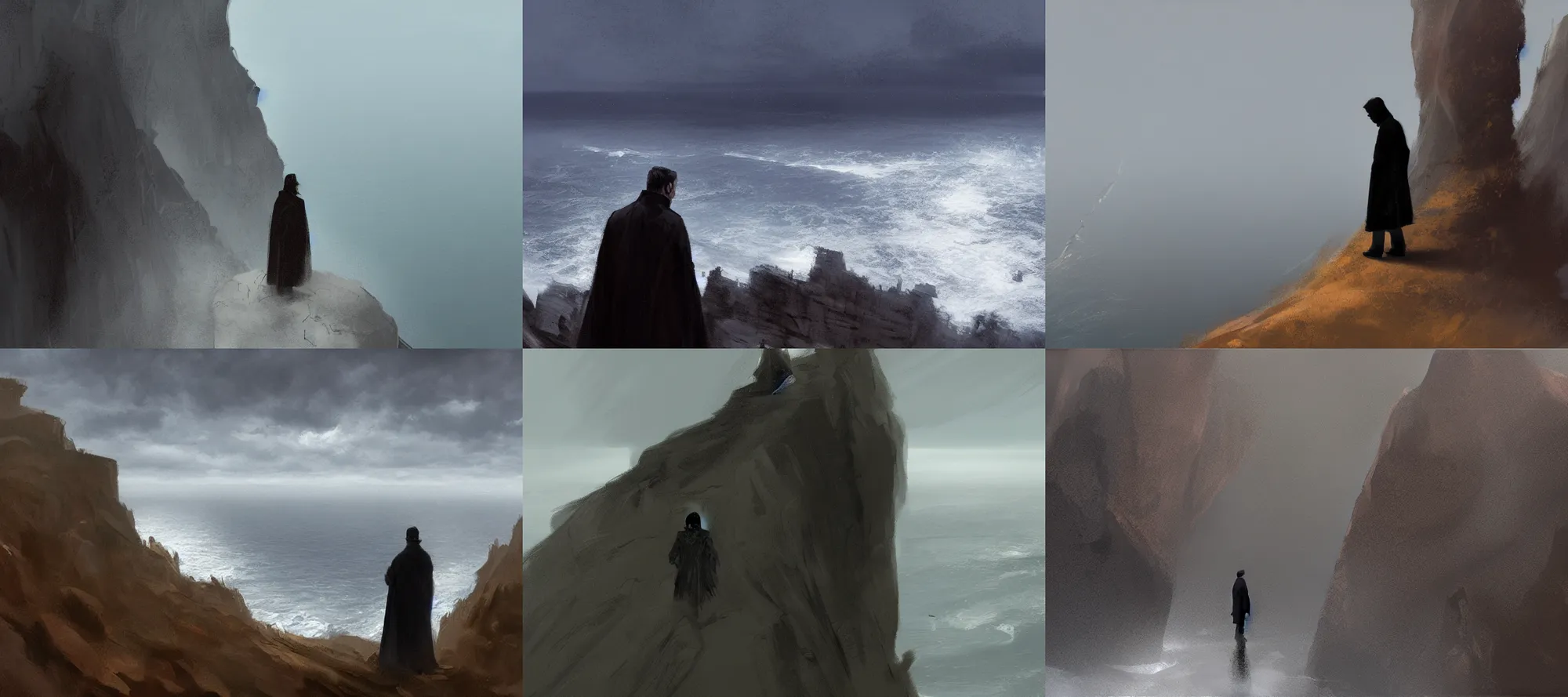 Prompt: side view of a man wearing a long black coat standing on the edge of a cliff looking out to the sea, leaves in the wind, rain, dusk, artstation, concept art, art by Craig Mullins and Gret Rutkowski