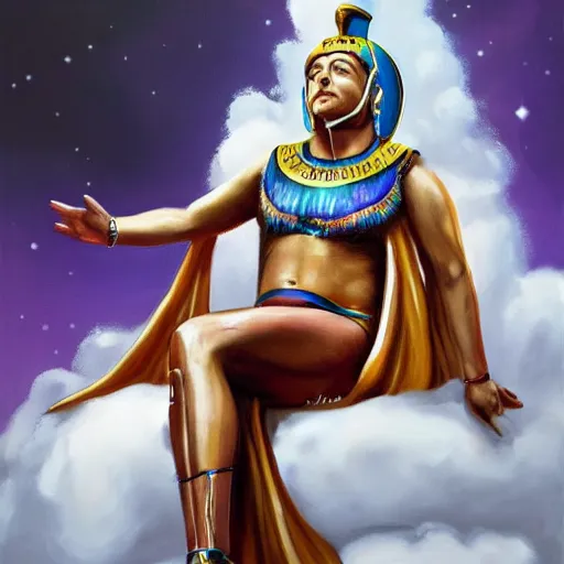 Image similar to Oil Painting of Elon Musk as Cleopatra, sitting on a cloud, ethereal, concept art, hyper realism, sharp focus