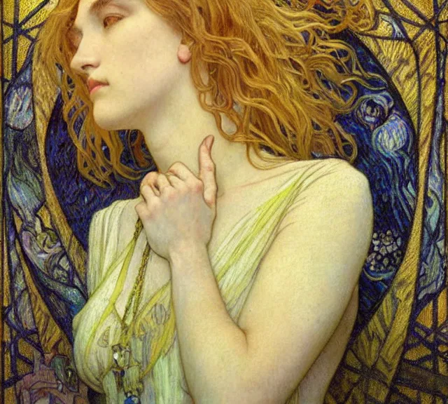 Image similar to detailed realistic beautiful young medieval queen face portrait by jean delville, alphonse mucha, vincent van gogh, and marco mazzoni, art nouveau, symbolist, visionary, gothic, pre - raphaelite