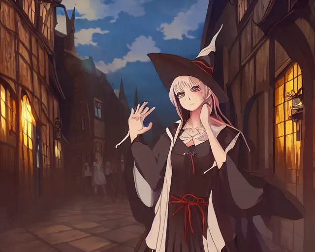Prompt: key anime visual portrait of a young female witch walking through a busy medieval village, dynamic pose, dynamic perspective, cinematic, dramatic lighting, detailed silhouette, anime proportions