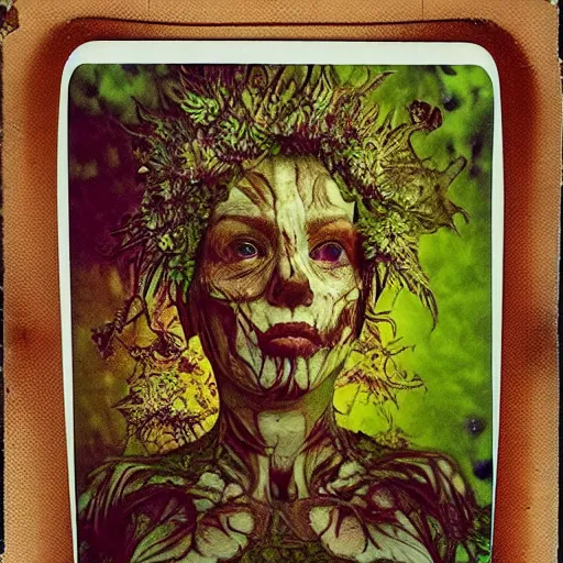 Image similar to a beautiful detailed front view portrait of a rotten woman corpse with fractal plants and fractal flowers growing around, volumetric light, beautiful lit, polaroid photography