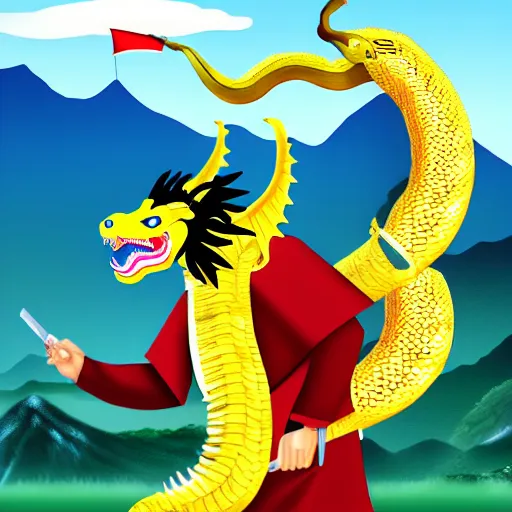 Image similar to Chinese president, battle, weapon bananas, dragon, mountains background, fighting stance, painting