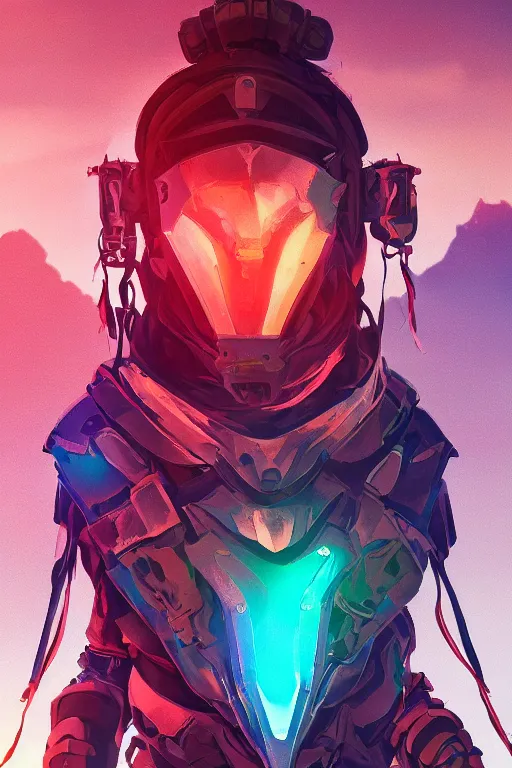 Image similar to combination suit armor aloy horizon forbidden west horizon zero dawn radiating a glowing aura global illumination ray tracing hdr fanart arstation by ian pesty and alena aenami artworks in 4 k tribal robot ninja mask helmet backpack