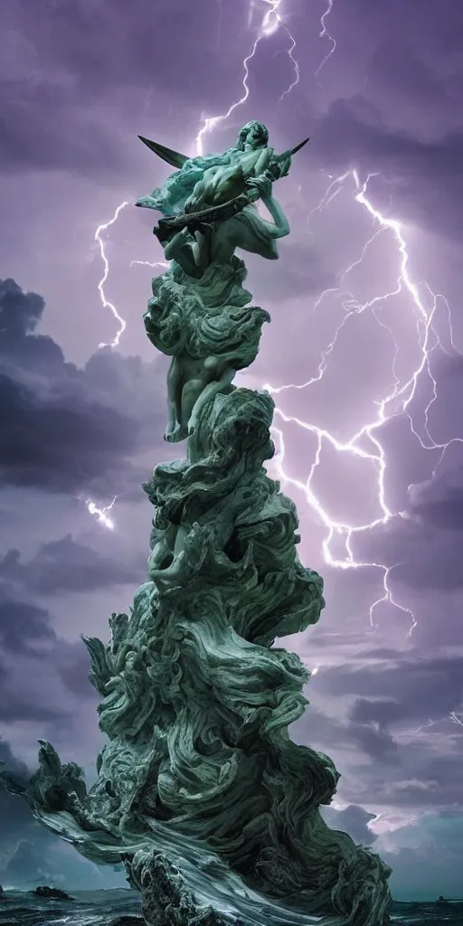 Image similar to gigantic marble statue of an alien of the sea wielding a trident on an island. roiling waves at the base. scene lit by lightning. thunderclouds in the background. fantasy setting. magicians praying to the statue. purples and greens. fantasy aesthetic. extremely detailed. 4 k. digital art.