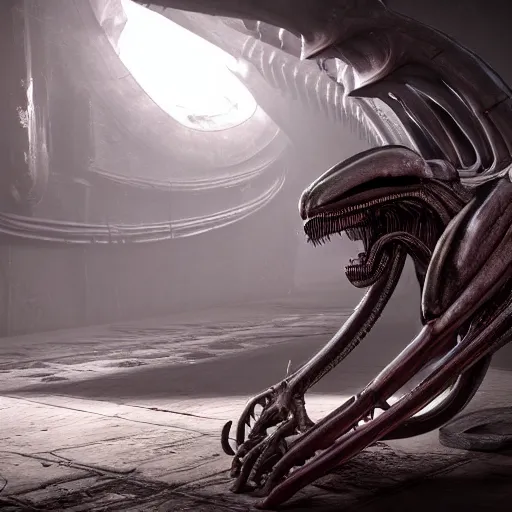 Image similar to centered photorealistic antropomorphic xenomorph inspired by Giger, sinister background, octane render, unreal engine 4k, volumetric light, fog, wide shot, detailed