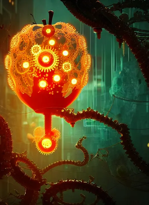 Prompt: intricate mechanical translucent apples with visible gears and components inside, growing off a tree, on the background of a weird magical mechanical forest. Very detailed 8k. Fantasy cyberpunk horror. Sharp. Cinematic post-processing