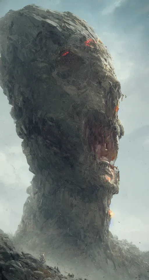 Image similar to a detailed portrait of a giant robotic face buried half way in a cliff by Greg Rutkowski, Sung Choi, Mitchell Mohrhauser, Maciej Kuciara, Johnson Ting, Maxim Verehin, Peter Konig, final fantasy, Marco lense , 8k photorealistic, cinematic lighting, HD, high details, atmospheric , trending on artstation