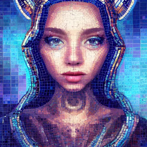 Image similar to mosaic portrait of a beautiful young girl with robot ears falling into the stars by Ross Tran, 4k, intricate details