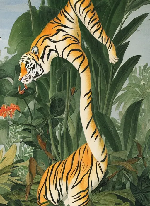 Image similar to tiger, white crane, tropical plants, botanical, large exotic flowers, biology, realistic, painted by john audubon