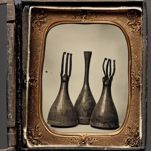 Image similar to Tintype photograph of primitive objects displayed in an ethnographic museum, archive material, anthropology, 1920s studio lighting.