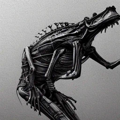 Image similar to xenomorph alien frog, eating a mosquito, alien by artist giger, bones background, intricate, concept art for movie, black and white colors, extreme detail, 4 k, detailed concept art, cgsociety, realistic lighting, sharp focus, backlit