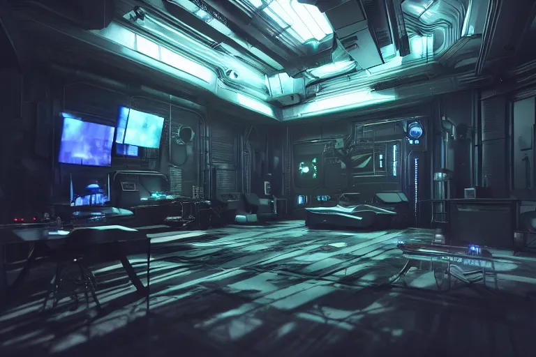 Image similar to cyberpunk alien concept inspired room, futuristic look, highly detailed body, very powerful, photorealistic camera shot, bright studio setting, studio lighting, crisp quality and light reflections, unreal engine 5 quality render