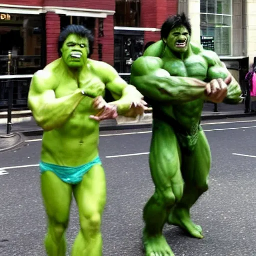 Prompt: “the Incredible Hulk and his twin brother terrorise shoppers on Marylebone High St #bbcnews hq photo ”