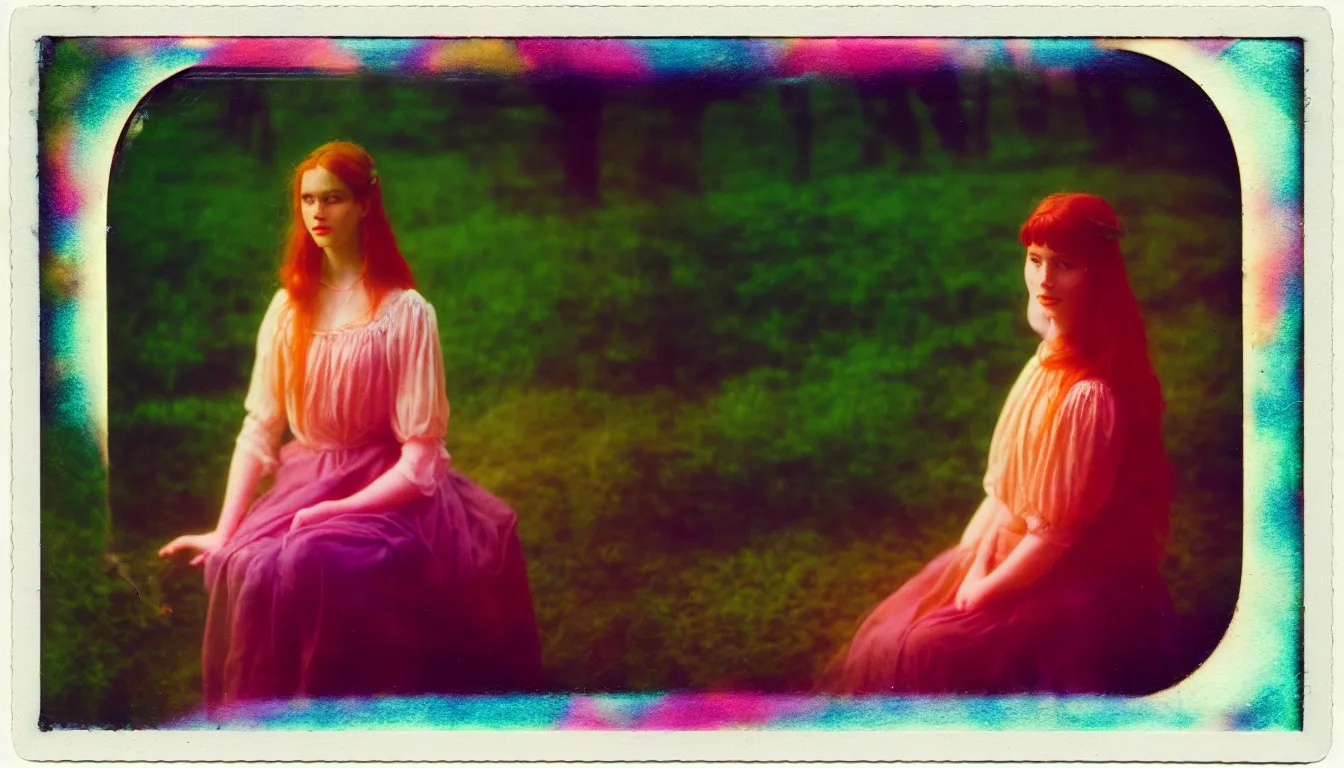 Image similar to colorful instant photograph of the lady of shalott, polaroid, light leak, raw, nostalgic